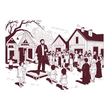 A group of people is gathered in a rustic town square, surrounded by charming, old wooden buildings. In the center, a preacher stands on a small wooden platform, passionately speaking to the crowd. The preacher is wearing a simple dark suit and holds a book in one hand. The villagers, dressed in everyday clothing, are attentively listening, some nodding in agreement. Children are playing nearby, with one child holding a small white flower. A couple of trees provide shade, and a few lanterns hang from the branches, adding to the quaint atmosphere of the small village.