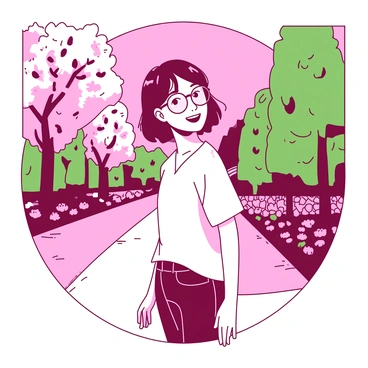 A person with short brown hair is standing in a park, wearing round glasses that tint everything they see in "pink" hues. The glasses have thin, silver frames that contrast with the vibrant colors of the surroundings. The park features tall green trees with "pink" blossoms, and a path lined with "pink" flowerbeds. The person is wearing a casual white shirt and denim jeans, and they are smiling while looking at a "pink" sky, suggesting a sunset. A soft breeze is gently moving leaves and petals around them, adding to the lively atmosphere.