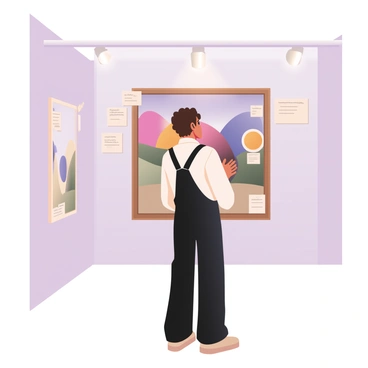 A digital flat illustration depicting an artist standing in front of a large painting displayed on a gallery wall. The artist has medium skin and short curly brown hair, wearing a white shirt and black overalls. They are gazing thoughtfully at the painting, which features vibrant colors and abstract shapes. Attached to the frame of the painting are several critique notes with visible handwritten comments. The gallery wall behind the artist is clean and minimalist, with soft white lighting highlighting the artwork. In the background, there are faint outlines of other paintings on adjacent walls, adding to the gallery atmosphere.