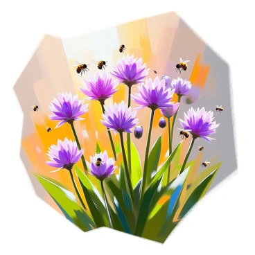 A sunny garden filled with vibrant blooming allium flowers, their purple globe-shaped blooms standing tall. Numerous bees are buzzing around the cluster, their wings a blur as they move from flower to flower. The sunlight casts warm rays over the scene, highlighting the delicate petals of the allium and the busy activity of the bees. Lush green foliage surrounds the flowers, creating a lively and dynamic atmosphere.