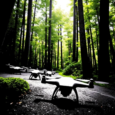 A group of drones is racing through a dense forest course. The drones are sleek and modern in design, each with a unique shape and size. They are maneuvering skillfully, weaving in and out between tall trees with thick trunks and lush green foliage. Sunlight filters through the leaves, casting dappled shadows on the ground. The forest is vibrant with a variety of trees, some with textured bark and others adorned with clusters of leaves. The scene captures the excitement of the race, with motion lines indicating the high speed of the drones as they navigate the natural obstacles.