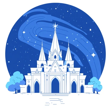 A white temple adorned with intricate star motifs is prominently displayed in the scene. The temple features tall spires and ornate carvings that reflect the light of the stars. Above the temple, a deep blue galaxy sky is filled with swirling patterns of stars and celestial bodies. The stars twinkle brightly, creating a vibrant contrast with the temple below. The ground is illuminated softly, highlighting the temple's details and enhancing its grandeur.