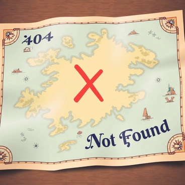 An ancient map with an X marking a spot labeled '404 Not Found'