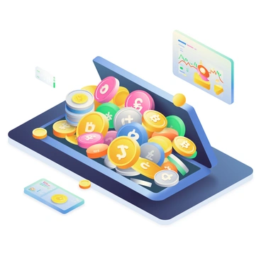 A digital wallet with a sleek, modern design is overflowing with a variety of cryptocurrency coins and tokens. The wallet is open, revealing shiny golden bitcoins, silver ethereums, and colorful altcoins, all stacked chaotically inside. Brightly colored logos of different cryptocurrencies are visible on the coins, showcasing their unique designs. The wallet rests on a smooth black surface that reflects its contents, enhancing the vibrancy of the coins. Scattered around the wallet are a few small, digital screens displaying live cryptocurrency prices and market trends.