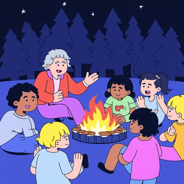 An elderly person with gray hair and wearing a cozy sweater is sitting on a log next to a fire pit. The fire is crackling with bright orange flames. Surrounding the fire pit are several children, with varying expressions of wonder and curiosity on their faces. Their faces are illuminated by the flickering light of the flames. The scene is set in a darkening forest, with trees silhouetted against the night sky. The elderly person gestures animatedly as they tell a story, while the children lean in closer, captivated by the tales being shared.