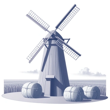 A rustic wooden windmill stands tall with its blades extended, capturing the wind. It is constructed from weathered planks, showcasing its age with a textured surface. Surrounding the windmill are several large stacks of hay, neatly arranged and tied together with twine. In the background, vast fields of grain stretch out, their tall stalks swaying gently in the breeze. The landscape is open, with a clear view of the horizon dotted with a few scattered clouds.