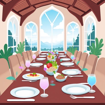 A long wooden table is elegantly set with various dishes representing elven cuisine. Delicate porcelain plates are arranged on the table, each filled with vibrant fruits, nuts, and vegetable dishes. Glimmering glass goblets filled with colorful beverages are placed beside each plate. Lush greenery and flowers adorn the table, adding natural beauty. The dining hall features high, arching ceilings with intricate woodwork, and soft light filters through tall glass windows, casting a warm glow on the setting. A stunning landscape of trees and mountains is visible through the windows, enhancing the enchanting atmosphere.