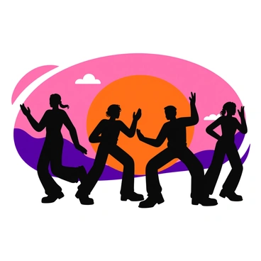 Silhouettes of various people dancing in dynamic poses. The figures are shown in black, contrasting sharply against a vibrant sunset background. The sunset features a gradient of colors, transitioning from deep orange to bright pink and soft purple near the horizon. There are a few wispy clouds catching the warm light as the sun dips down. The scene captures a lively atmosphere, with the silhouettes depicted in a range of dance styles and movements.