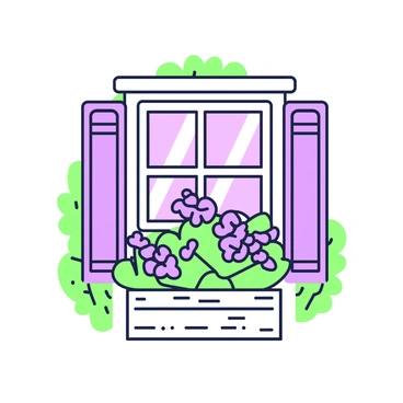 A cottage window is framed with wooden shutters on either side. The window itself is open, revealing a view of the interior. Below the window, there is a rectangular flower box filled with various blooming flowers. The flowers are vibrant and include shades of purple and green foliage. The box is made of rustic wood, and the cottage wall has a textured finish. In the background, there are hints of greenery from nearby plants, adding to the cozy charm of the cottage setting.