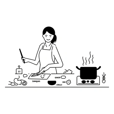 A cook standing at a kitchen counter is preparing a Thai curry. They are chopping fresh ingredients like "lemongrass," "ginger," and "chili" on a cutting board. The cook is wearing an apron and has their hair pulled back. There is a large pot on the stove with steam rising, indicating it is cooking. Various other ingredients are arranged around the counter, including herbs and vegetables. A knife is in one hand while the other hand is reaching for a spice jar.