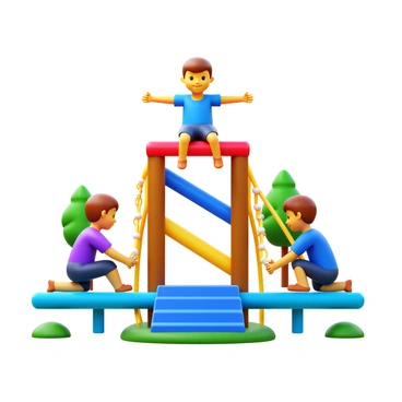 A group of children performing cable crunch movements while using a playground climber. One child is positioned on the upper level of the climber, mimicking the crunch pose with arms extended forward. Another child is kneeling on a lower platform, engaging in a similar movement with a focused expression. The playground climber is made of colorful metal and climbing ropes, adding a vibrant touch to the scene. In the background, there are soft grass patches and a few trees, contributing to the outdoor setting.