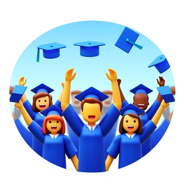 Happy graduates wearing caps and gowns are joyfully tossing their hats into the air. The scene captures a diverse group of individuals celebrating their achievements. Some graduates are smiling broadly, while others are cheering with excitement. The background shows a clear blue sky, enhancing the festive atmosphere of graduation day. The caps are flying high, creating a dynamic and lively moment in the celebration.