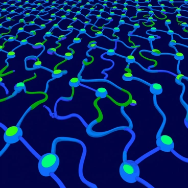 A vibrant illustration showing an electric field simulation within a neural network. The background features a grid structure representing the network, with interconnected nodes. Bright, flowing signals in shades of blue and green travel between the nodes, resembling light beams. Each neuron is depicted as a small, round shape glowing in various colors, pulsating as signals pass through. The electric field is represented by wavy lines emanating from the neurons, illustrating the dynamic movement of energy throughout the network.