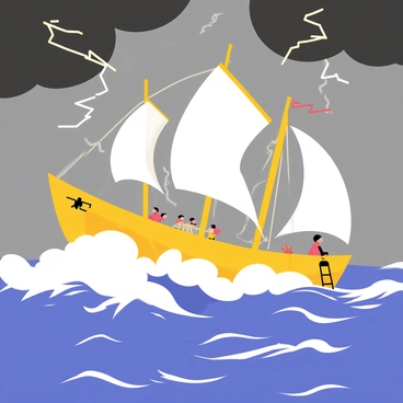 The "Thousand Sunny" ship sailing through a fierce storm, with dark gray clouds swirling in the sky. Large waves crashing dramatically against the ship's side, sending sprays of white foam into the air. The sails are fully extended, fluttering in the strong winds. The ship is depicted with a vibrant yellow color contrasting against the dark sea. Lightning strikes can be seen in the background, illuminating the scene momentarily. The crew members on board are actively working to steer the ship through the tumultuous waters.