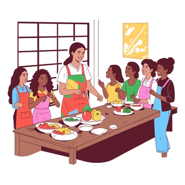 Nico Robin is standing at a large wooden kitchen counter, demonstrating a cooking technique. She is dressed in a vibrant apron adorned with various food patterns. Surrounding her are bowls filled with colorful ingredients such as red tomatoes, yellow bell peppers, and green herbs. A group of happy students, diverse in appearance, are eagerly watching and taking notes. Some are holding utensils, while others are reaching for the ingredients. The atmosphere is lively, with bright sunlight streaming in through large windows that illuminate the entire scene.