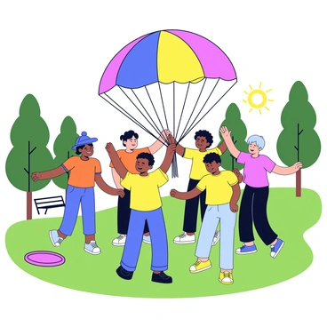 A diverse group of six people participating in a fun outdoor team-building exercise in a green park. They are gathered around a large colorful parachute, lifting it high above their heads. Each participant is wearing casual clothing, with some in bright t-shirts and others in shorts. The sun is shining, casting soft shadows on the grass. In the background, there are tall trees and a few distant park benches. A frisbee lies on the ground nearby.