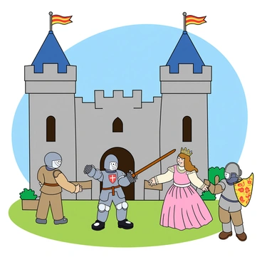 A large stone castle with tall towers and turrets, topped with colorful flags waving in the wind. The castle has large arched windows and a drawbridge leading to a grassy courtyard. A group of children are dressed as knights and princesses, engaging in imaginative play. One child dressed as a knight with a shiny silver helmet and a wooden sword is playfully dueling another child dressed as a princess in a flowing pink gown and a sparkling tiara. Nearby, a third child, wearing armor made of cardboard, is pretending to guard the entrance to the castle. The sky is blue, and the sun is shining brightly, creating a joyful scene filled with laughter and excitement.