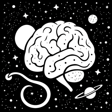 A whimsical scene where a mouse brain is transformed into a galaxy with stars and planets