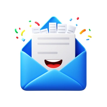 A cheerful envelope icon bursting with tiny paper confirmations and confetti