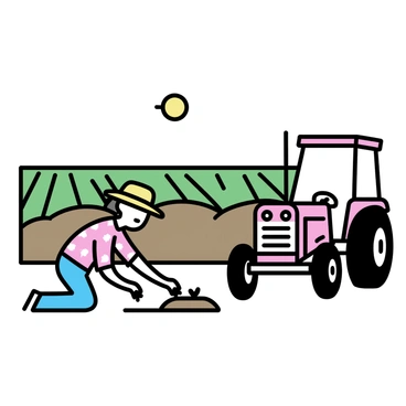 A vibrant farming community with expansive fields of green crops stretching towards the horizon. In the foreground, a farmer wearing a plaid shirt and a straw hat is kneeling down, planting seeds into the rich brown soil. Nearby, a red tractor is parked, showcasing its large tires and metal frame. The sun is shining brightly, illuminating the scene and casting soft shadows on the ground.