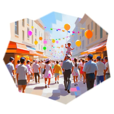 A vibrant city street bustling with activity as people celebrate the end of World War II in 1945. Crowds of men and women are joyfully gathered, some waving flags while others hold balloons in their hands. Many individuals are dressed in 1940s attire, including women in dresses with floral patterns and men in suits and hats. There are several children playing in the background, some sitting on their parents' shoulders to catch a better view of the festivities. Decorations adorn the buildings, including colorful banners and streamers, adding to the celebratory atmosphere. Street vendors are selling food, and a few musicians can be seen playing lively tunes, enhancing the joy of the moment.