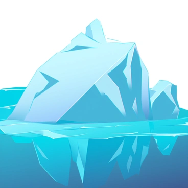 An enormous iceberg with sharp, angular facets and jagged edges, floating majestically in a vibrant ocean. The iceberg is primarily composed of shades of white and blue, creating a stark contrast against the deep azure water. The ocean is a rich, gradient of blues, with abstract, angular waves that reflect the light. Sunlight streams down, illuminating the iceberg and creating shimmering reflections on the water’s surface. The scene evokes a sense of isolation and grandeur.