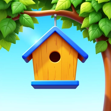 A birdhouse designed in the shape of a 3D box hanging from a tree