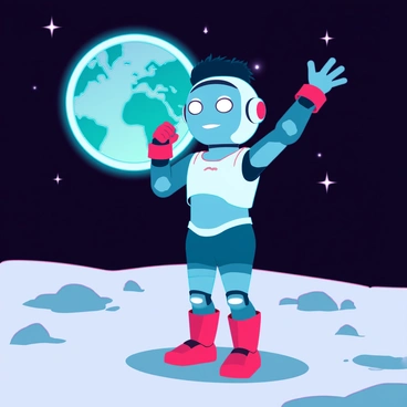 A small, robotic boy with a round face and large, expressive eyes stands triumphantly on the gray, dusty surface of the moon. His compact body is metallic, featuring sleek, angular lines and a shiny finish. He has a distinctive black tuft of hair on his head and wears red boots and blue shorts. In the background, Earth appears as a glowing blue and green sphere, suspended in the vastness of space. The lunar landscape is dotted with craters and rocks, and there are stars twinkling against the deep black sky.