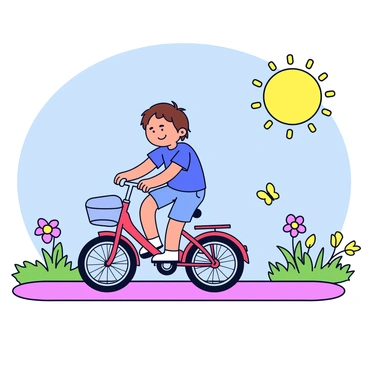 A child with short brown hair is riding a newly repaired bicycle along a sunny path. The bicycle is bright red with shiny silver wheels and a small basket in the front. The child wears a blue t-shirt and denim shorts, smiling with excitement. The path is bordered by green grass and colorful flowers, with a few butterflies fluttering around. The sun is shining brightly in the clear blue sky.