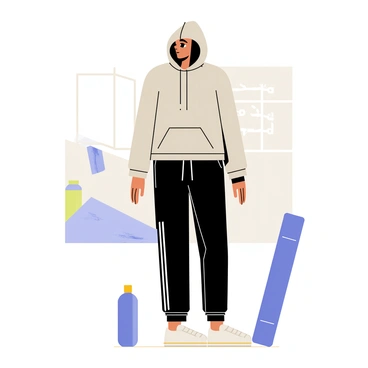 A sporty athleisure outfit featuring a fitted gray hoodie with a front pocket and drawstrings. The hoodie is paired with loose-fitting black track pants that have white stripes running down the sides. The outfit is completed with a pair of sleek white sneakers. A water bottle is placed next to the outfit, and a yoga mat is rolled up nearby. The background includes a gym-like setting with exercise equipment subtly placed in the distance.