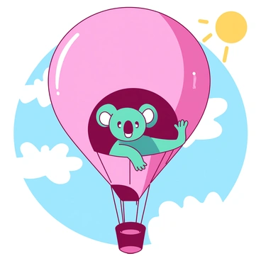 A teal koala is sitting comfortably in a large pink hot air balloon. The balloon is round and has a vibrant pattern of white and yellow stripes. The koala is smiling, holding onto the ropes of the balloon with its small paws. Below, there are fluffy white clouds drifting in a clear blue sky, and the sun shines brightly in the top corner, illuminating the scene.