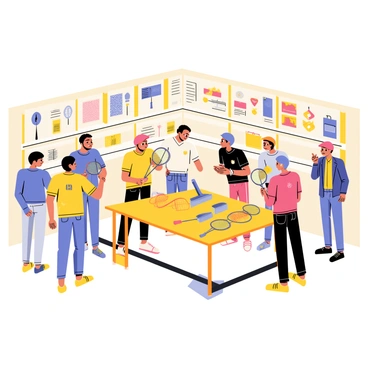 A bright store interior with shelves displaying various badminton equipment, including rackets, shuttlecocks, and maintenance tools. In the center, a group of customers is gathered around a wooden table covered with badminton rackets and stringing machines. An instructor is demonstrating how to replace strings on a racket, holding a racket in one hand and a stringing tool in the other. Customers are attentively watching and taking notes, some are trying their hand at stringing a racket with assistance. The atmosphere is engaging and interactive, with posters about badminton techniques and equipment care hanging on the walls.