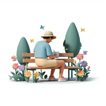 An artist, wearing a light blue shirt, beige shorts, and a sun hat, is sitting on a wooden bench in a park. They are focused on sketching in a notebook with a pencil in hand. The park is filled with various trees and vibrant, colorful flowers in shades of red, yellow, and purple surrounding the artist. Sunlight filters through the leaves, casting playful shadows on the ground. A few butterflies flutter nearby, adding to the lively atmosphere.
