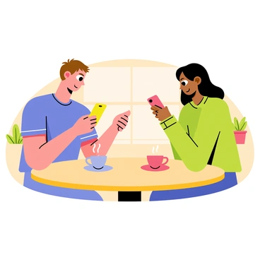 Two people sitting across from each other at a round wooden table. One person has short brown hair and is wearing a blue t-shirt, while the other has long black hair and is in a green sweater. Both individuals are focused on their smartphones, their faces illuminated by the screens. The background features a cozy café setting with a few potted plants and a softly lit ambiance. A steaming cup of coffee is placed in front of each person on the table.