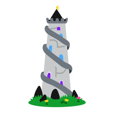 A tall, spiraling wizard's tower with a cylindrical shape rising into the sky. The tower features intricate designs carved into its stone walls, with glowing magical symbols in vibrant blue and purple hues scattered across its surface. The tower has multiple levels, each with narrow, arched windows that are illuminated from within. A pointed roof caps the tower, adorned with a weather vane shaped like a crescent moon. Surrounding the base of the tower is a lush, green landscape with colorful flowers and dark rocks, enhancing the tower's enchanting appearance.