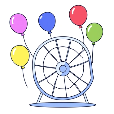 A hamster wheel made of shiny metal with a prominent circular shape. The wheel is situated in a playful environment. Surrounding the wheel are several colorful balloons in different shapes and sizes, floating gently in the air. The balloons are in bright colors like red, blue, yellow, and green, adding a festive atmosphere to the scene. The ground beneath the wheel is a simple, smooth surface that complements the overall composition.