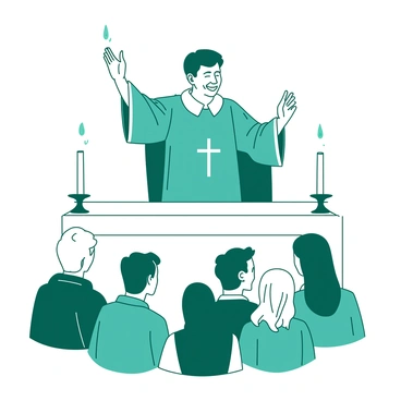 A teal priest wearing a traditional robe is standing at a white altar, with both arms raised in a blessing gesture. The altar is adorned with white candles on either side, casting a soft glow. The priest has a peaceful smile on his face, radiating warmth and kindness. In front of the altar, there is a congregation of people, showing expressions of reverence and calmness as they listen attentively. The setting suggests a serene atmosphere within a place of worship.