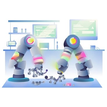 A pair of sleek, metallic robotic arms is positioned in a futuristic laboratory setting. The arms are intricately designed, featuring articulated joints and various tools attached to the ends. Each arm is illuminated with vibrant neon lights, casting a colorful glow across the workspace. The background includes advanced technological equipment, such as glowing screens and complex machinery. A smooth, reflective surface beneath the arms enhances the high-tech ambiance of the laboratory. Various small components are scattered on the workbench, suggesting an ongoing project.