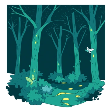 A dark forest with tall, slender trees that have glowing teal bark and branches. The foliage is dense, with hints of bright yellow light emanating from the leaves, creating an enchanting atmosphere. Among the trees, small magical creatures with shimmering wings are flitting about. Some creatures are perched on the branches, while others are peeking from behind the tree trunks. The forest floor is covered in a soft carpet of moss, and faint trails of light weave through the underbrush, leading to hidden nooks and crannies.