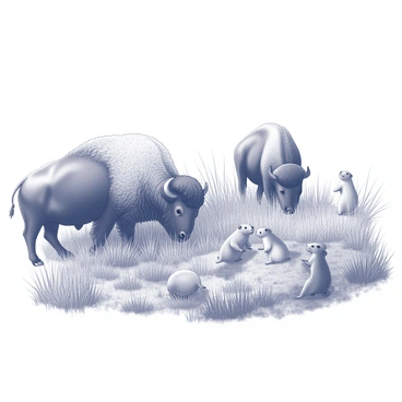 A detailed depiction of a grassland ecosystem. In the foreground, there is a herd of bison grazing on tall, wild grasses. The bison are robust, with pronounced muscle structure and texture in their fur. Nearby, a group of prairie dogs is emerging from their burrows, standing upright on their hind legs, with their small paws raised as if they are alerting others to potential danger. The grass is lush and abundant, with varying heights and textures, creating a natural landscape. The scene captures the interconnectedness of these species within their habitat.
