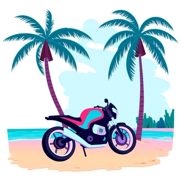 A lone motorcycle with a sleek design and shiny chrome accents parked on a sandy beach. The motorcycle is positioned at an angle, showcasing its powerful stance. Surrounding the motorcycle are tall palm trees swaying gently in the breeze, against a backdrop of clear blue skies. The island is deserted, with fine golden sand stretching into the distance, and small waves lapping at the shore nearby. In the background, hints of lush green vegetation can be seen, completing the tranquil scene.