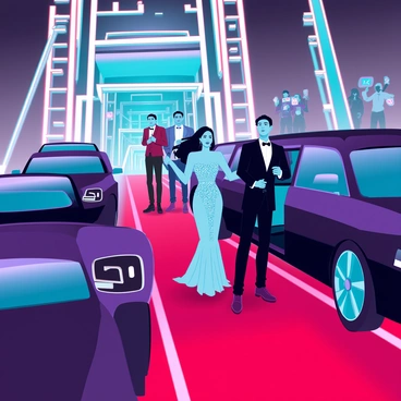 A glamorous movie premiere scene filled with excitement. The setting features a red carpet leading up to a grand theater entrance. Numerous luxury cars, including a sleek black limousine and a shiny sports car, are parked along the sides. Notable celebrities are stepping out of the vehicles, dressed in elegant attire; a woman in a shimmering gown with intricate beadwork, and a man in a tailored tuxedo. Fans are gathered behind a barrier, holding signs and capturing photos with their smartphones. The air is filled with a sense of anticipation and celebration, enhanced by bright flashing lights from cameras.