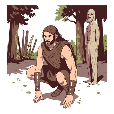 An ancient warrior, dressed in a weathered brown leather tunic and metal armor, is performing squats in a forest clearing. Their muscular build is evident as they lower their body into a squat, focusing intently on their form. Tall trees surround the area, and sunlight filters through the leaves, casting dappled shadows on the ground. In the background, there are various training weapons propped against a nearby tree, and a wooden training dummy stands to the side. The warrior's long, unkempt hair flows down their back, and a determined expression is visible on their face as they engage in their daily training regimen.