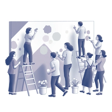 A large mural depicting a diverse group of people of various genders collaborating. The scene includes individuals of different ethnicities and ages, each engaged in activities such as painting, planting flowers, and holding tools. Some people are standing on ladders to reach higher sections of the mural, while others are discussing the project in small groups. The background consists of vibrant shapes and patterns that enhance the sense of community and teamwork. Each person is portrayed with distinct features, expressions of focus and joy, showcasing a spirit of unity and cooperation.