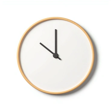 A simple wall clock with a circular white face. The clock has a gold rim and features just an hour hand and a minute hand, both in sleek black. The hour hand is shorter and slightly thicker than the longer minute hand. The clock displays no numbers or additional markings, creating a minimalist aesthetic. The background is a smooth, solid color, emphasizing the simplicity of the clock design.