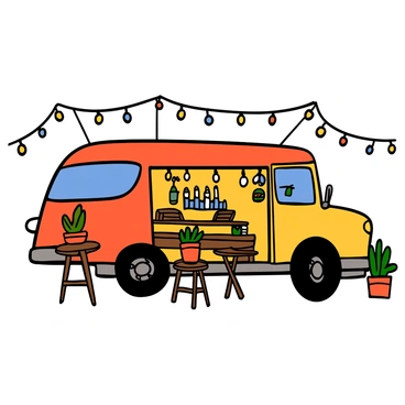 A truck with a vibrant exterior is parked, transformed into a mini beer garden. The truck has an open side revealing a cozy space with wooden tables and benches, designed for patrons to sit comfortably. There are several potted plants placed around the tables, adding a touch of greenery. String lights are hung overhead, illuminating the area with a warm glow. The scene conveys a lively atmosphere, perfect for gatherings and enjoying drinks outdoors.