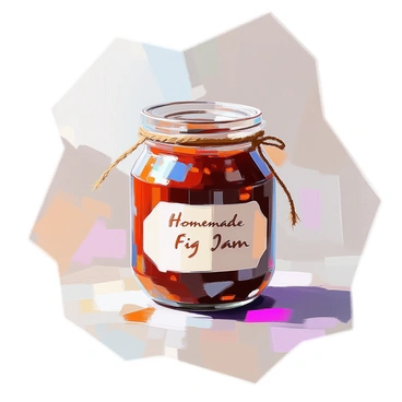 A glass jar filled with rich, dark brown homemade fig jam sits at the center of the image. The jar has a smooth, rounded shape and is filled to the top with the thick jam, showcasing the texture and occasional pieces of figs. The label on the jar is a simple, cream-colored tag, displaying the words “Homemade Fig Jam” in elegant script. The label is slightly curled at the edges, giving it a vintage feel. A rustic string is tied around the neck of the jar, with the ends left to hang freely. The background features soft, neutral tones that emphasize the jar and its contents.