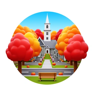 A New England town with quaint colonial-style houses surrounded by trees full of vibrant fall foliage in shades of red, orange, and yellow. The streets are lined with pumpkin decorations and the sidewalks are scattered with fallen leaves. A classic white church steeple rises above the rooftops. In the foreground, a wooden bench sits under a tree, providing a perfect view of the colorful landscape. The sky is a clear blue, adding contrast to the warm colors of autumn.