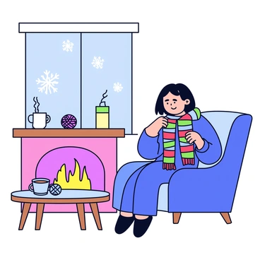 A person sitting in a cozy armchair next to a warm fireplace. The individual is focused on knitting a long, colorful scarf with stripes of red, blue, and green yarn. The fireplace has flickering flames, casting a soft glow. Beside the armchair is a small wooden table with a steaming mug of hot cocoa and a few balls of yarn in various colors. A large window shows snowflakes gently falling outside, emphasizing the cold day.