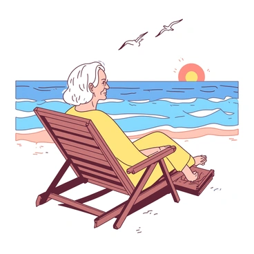 An elderly person with gray hair is sitting comfortably in a wooden deck chair placed on a sandy beach. The person's face shows a peaceful expression as they gaze out at the ocean. Gentle waves are rolling in, creating a rhythmic pattern against the shore. The sun is setting on the horizon, casting a warm glow over the scene. A light breeze is causing the person's loose clothing to flutter slightly. In the background, there are distant silhouettes of seagulls flying above the water.